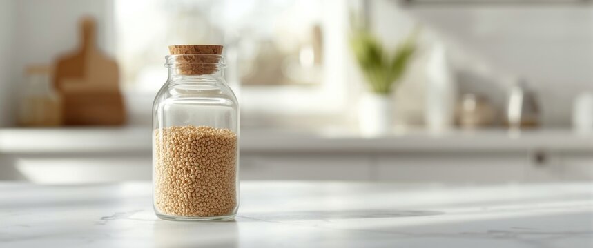 Glass bottle containing buckwheat on a white kitchen backdrop