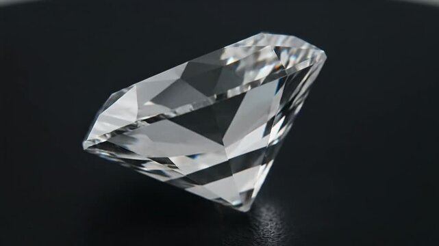 Close-up of a sparkling, clear cut diamond on a dark background, showcasing its facets.