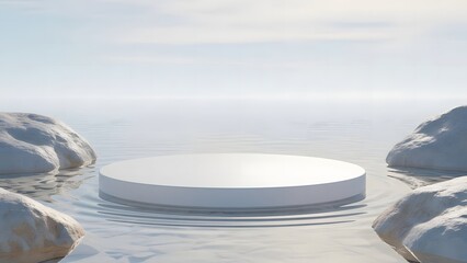 Serene podium on water's edge with rocky outcrops and sky background