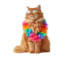 Cute cat with red ribbon and Christmas ball on white background