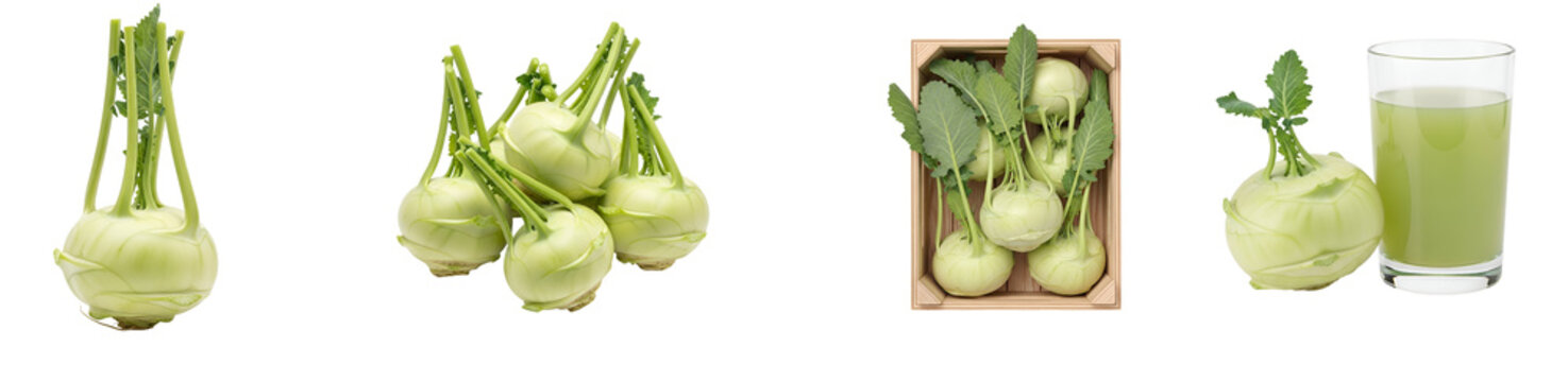 Fresh green turnips and turnip juice in glass on transparent background