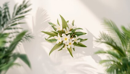Soft-focused Plumeria leaves with a light backdrop, ideal for editorial header backgrounds