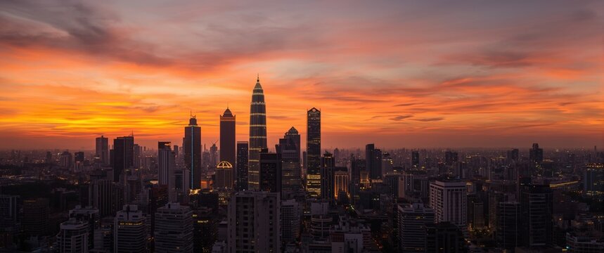 Sunset view of Jakarta downtown skyline with tall buildings
