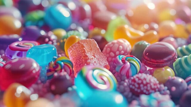 Vibrant candy assortment with jelly beans and lollipops