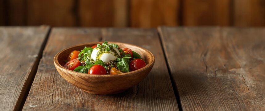Salad with buratta cheese, tomatoes, and pesto dressing served in a bowl on a wooden surface