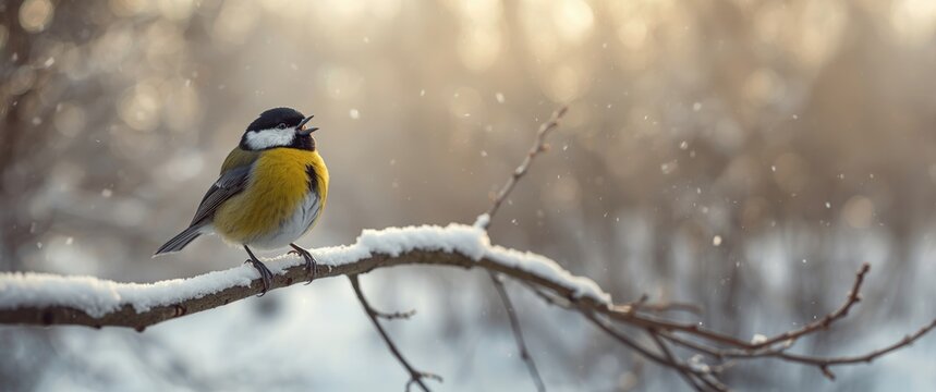 Beautiful great tit sitting on a branch with winter background, snow, trees, forest, white winter landscape, animal, nature's beauty