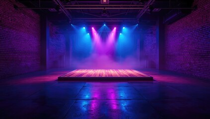 Fototapeta na wymiar Dance performance in a garage studio featuring vibrant spotlights, aged brick backdrop, and an industrial setting