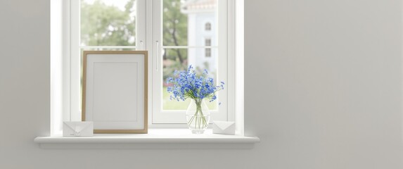 Empty photo frame mockup alongside paintings, a glass of blue forget-me-nots, an envelope, and a paper form on a white window sill against a window backdrop
