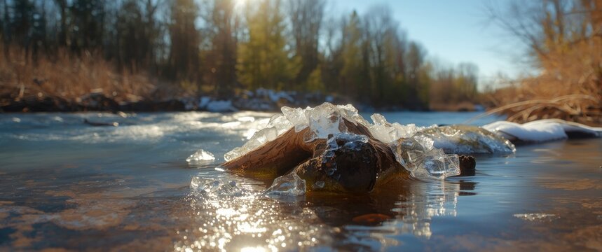 On a beautiful sunny day, spring comes to the river as ice and snow melt in Latvia's Gau region