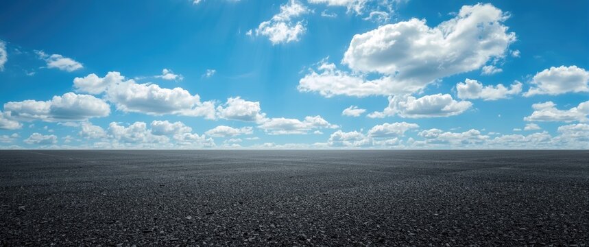 Black rough surface product display backdrop featuring asphalt parking lot or road with blue sky and clouds, car, technology, modern equipment, automotive showroom texture