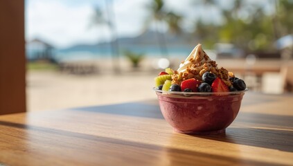 Frozen yogurt acai bowl in a disposable takeout bowl with blueberries and mixed fruits, highlighting healthy eating habits, Nutrition Month