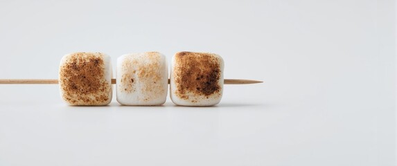 Horizontal image showing detailed toasted marshmallows on a skewer