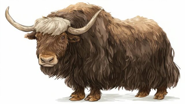 Realistic hand-drawn yak with shaggy brown fur and large horns, standing on white background. Concept of wildlife and Himalayan fauna