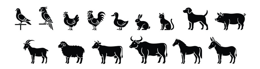 Minimalist Icon Collection of Common Domestic and Farm Animals, cohesive series of black and white silhouettes, showcasing a variety of pets, poultry, and livestock in a clean, modern graphic style. © Raghu