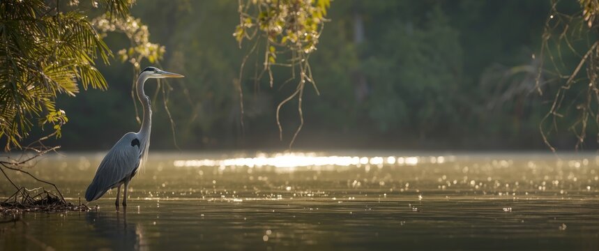 Heron standing by Lake in Okeechobee County nature, bird, tropical, habitat, wildlife, Florida, shoreline, scenic