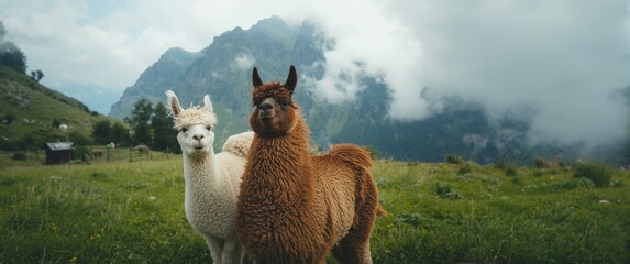 Obraz premium Beautiful green grass as white and brown alpacas graze on alpine Italian meadow