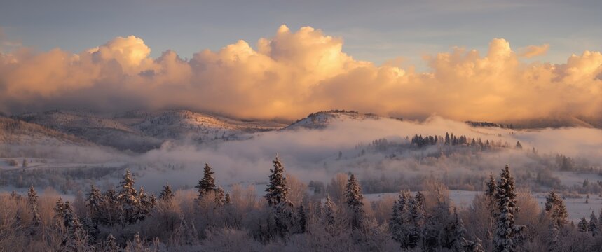 Winter Wonderland - breathtaking sunset featuring golden clouds in snowy Steamboat Springs, Colorado