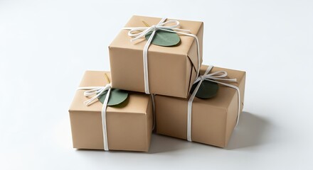 Wrapped gift boxes with ribbons and leaves on white background