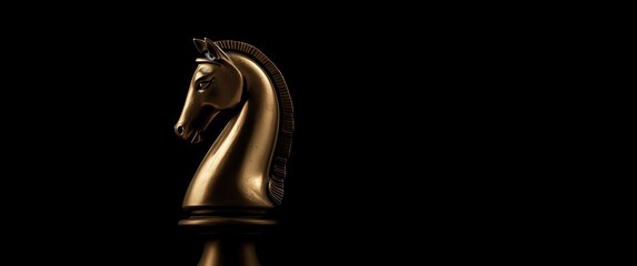Close-up shot of a black background with a golden knight chess piece