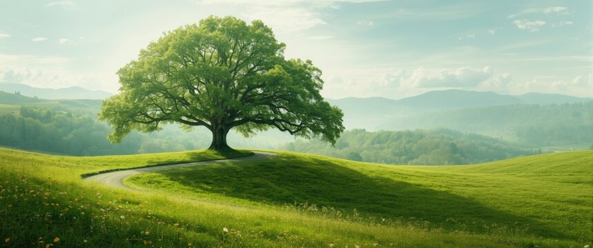 Spring scene with an S-curve and a massive oak tree