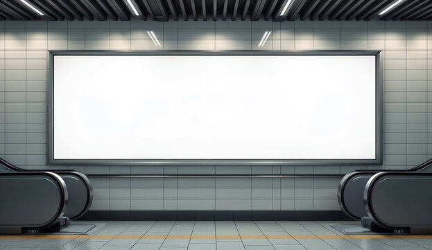 A large horizontal blank billboard framed on a tiled wall next to an escalator in a modern subway station