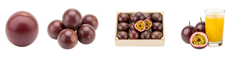 Obraz premium Passion fruit, purple, juicy, tropical, fruit, healthy, food, drink, juice, collection, on transparent background