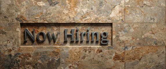 Now Hiring icon displayed on a stone wall with concept word. Attractive stone background for business use.