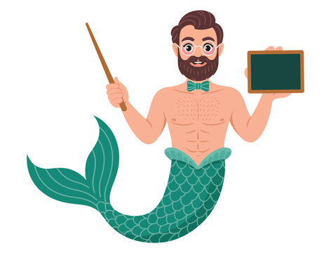 A cartoon merman with a beard and bow tie holding a pointer and chalkboard