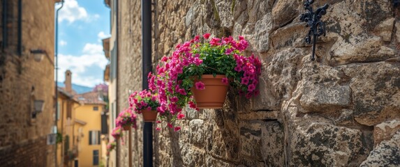 Naklejka premium Choosing garden elements: Hanging flower pots accentuate textured walls and create a distinctive landscape