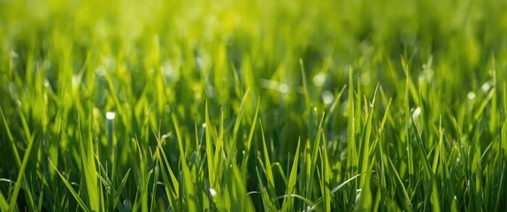 Beautiful macro shot of grass in outdoor nature setting with bright sunlight, emphasizing green hues and natural elements
