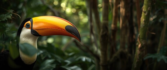 Obraz premium Brazilian toucan closeup image showcasing background of forest and sea, highlighting animal beauty with white, black, orange, and green hues