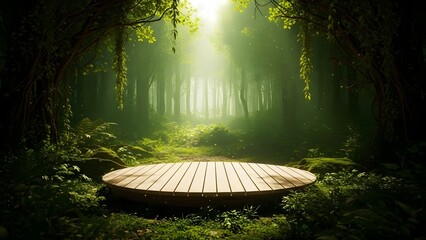 Mystical podium in a dark forest with divine light beam