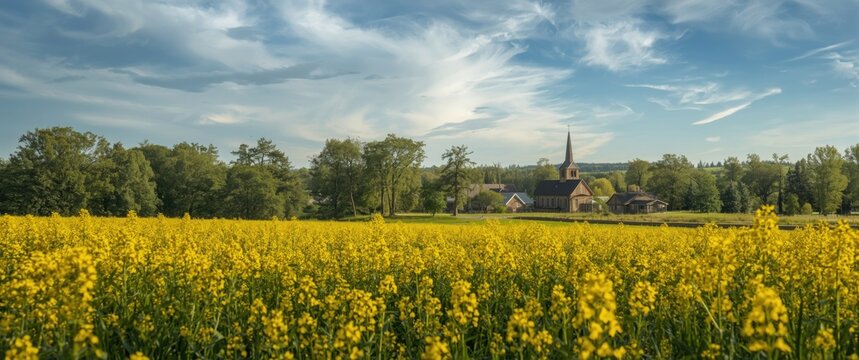 Bright yellow rapeseed flowers blanket the front field, reaching toward Sankt Ibb's Church and village surrounded by trees on Ven island, Sweden, under a dynamic partly cloudy blue sky