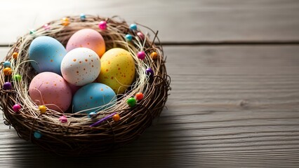 Easter eggs in a decorative nest on wooden table