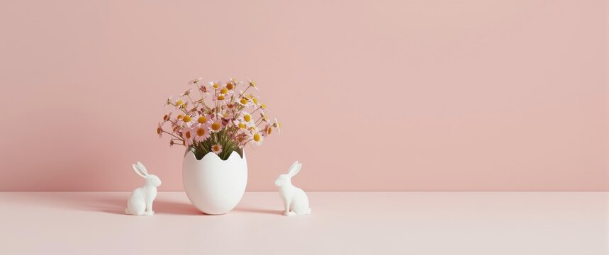 Spring Easter theme with chamomile bouquet in eggshell and Easter bunnies on pink backdrop