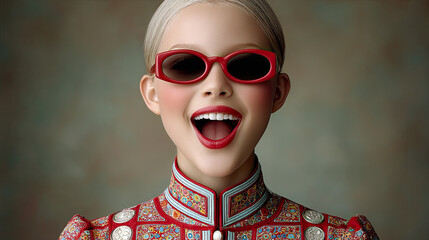 Surreales portrait mit stilisierter Person und starkem Fokus auf Emotionen. Klare Farben, reduzierte Formen und bewusst k&uuml;nstliche &Auml;sthetik