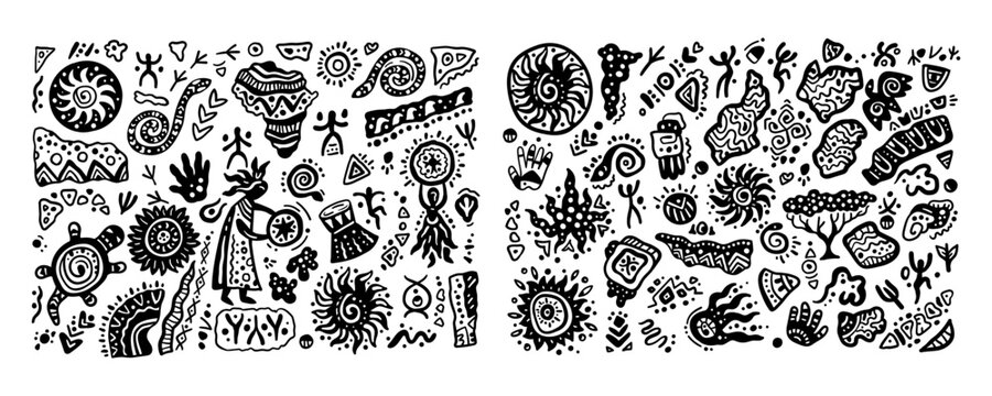Africa shapes set of elements. Ethnic symbols, drawings of Africans. Ethiopia. Vector illustration tribal geometric decoration Isolated. Vector Ancient indian shapes and animal print doodles. 