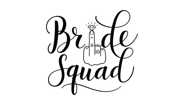 A stylized illustration of a hand with a diamond ring and the words Bride Squad