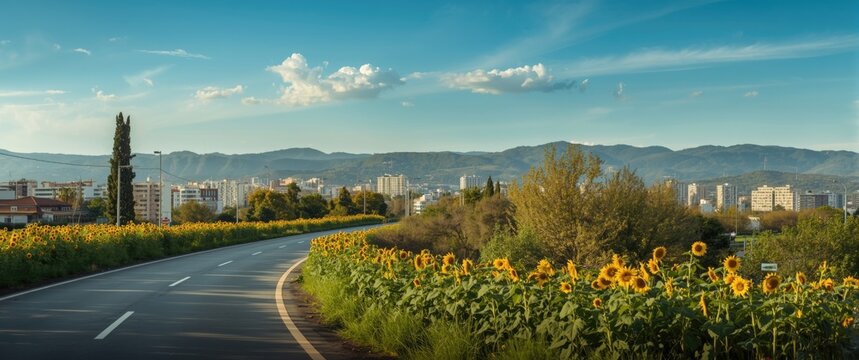 Embarked highway in Mahmutlar district Alanya Turkey featuring flower, sky, summer, travel, city, tree, road, light, building, sun