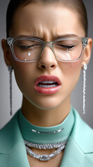 Surreales portrait mit stilisierter Person und starkem Fokus auf Emotionen. Klare Farben, reduzierte Formen und bewusst k&uuml;nstliche &Auml;sthetik