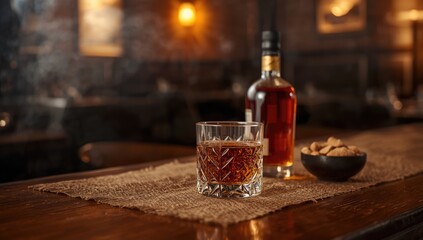 Old-fashioned rocks glass, liquor bottle, and peanuts in foreground, used as a background for bar menu design