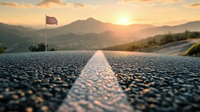 A road stretches into a beautiful sunset, flanked by mountains under a clear sky. A flag marks the end of the journey.