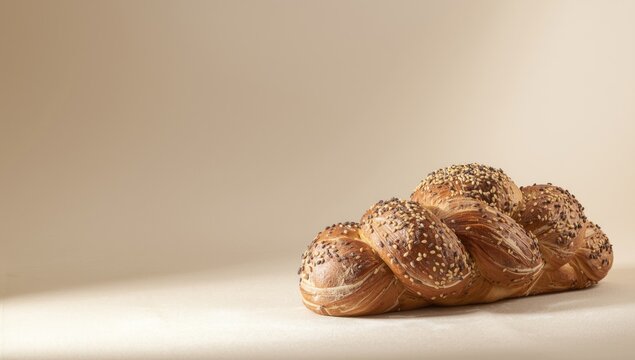 Jewish-style Challah with a white crust and seed toppings, often served during religious celebrations, Passover or Hanukkah