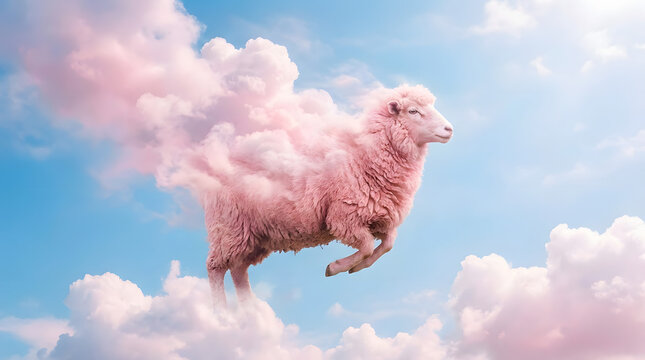 A pink sheep jumping in the air surrounded by fluffy clouds in a blue sky