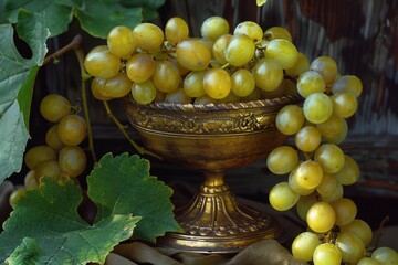 Obraz premium Ripe green grapes cascading from an antique golden bowl, adorned with intricate carvings and surrounded by lush vine leaves, create a still life composition