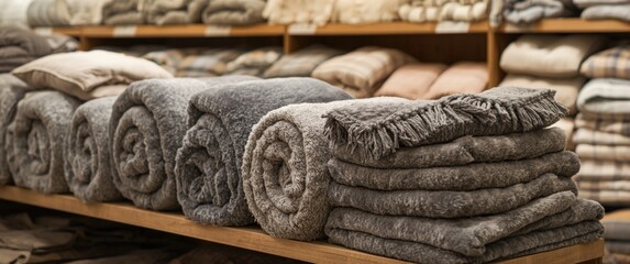 Store display of rolled gray blankets alongside soft fluffy beige plaids for sale