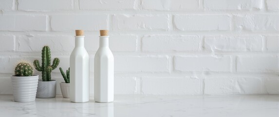 Porcelain oil bottles in white on a marble kitchen countertop, featuring decorative cactus plants and a white brick wall, in a minimalist eco interior