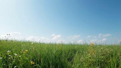 Meadow with vibrant greenery and flowering plants in bright sunlight, highlighting the effects of seasonal growth