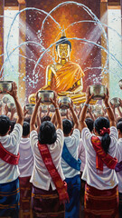 People participating in Songkran water blessing ritual for Buddha  