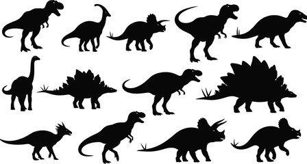 Dinosaur silhouette collection, prehistoric animals in various poses vector illustration set, Jurassic wildlife creatures, ancient reptiles graphics for education, posters, branding designs